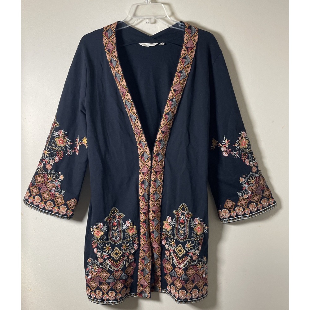 Soft Surroundings Women's Embroidered Kimono Cardigan Jacket S Black Boho